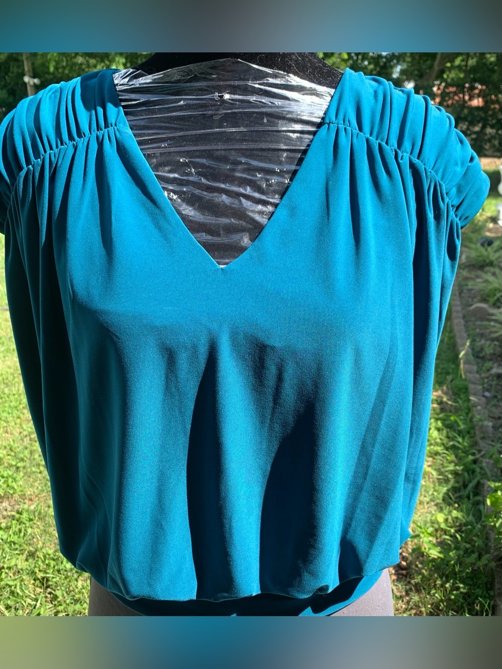 Express Teal V-Neck Ruched Shoulder Blouse